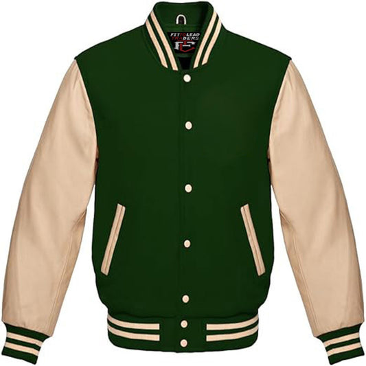Classic Wool Varsity Jacket with Cream Leather Sleeves