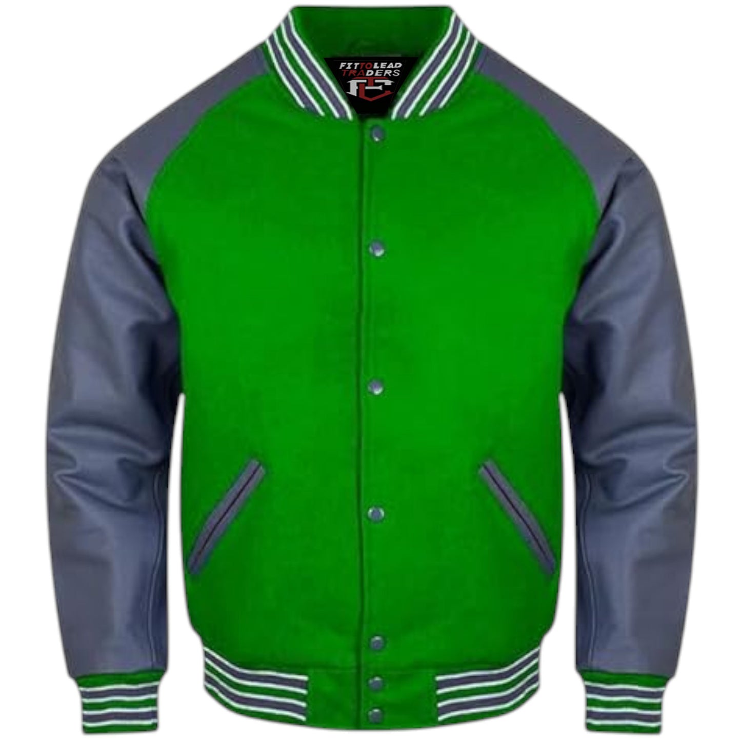 A stylish varsity jacket with a black wool body and grey leather sleeves, featuring a quilted polyester lining, snap buttons, ribbing on the cuffs, collar, and hem, and multiple pockets.