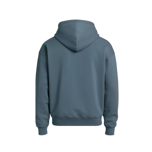 Blue hoodie shown from the back on a white background
