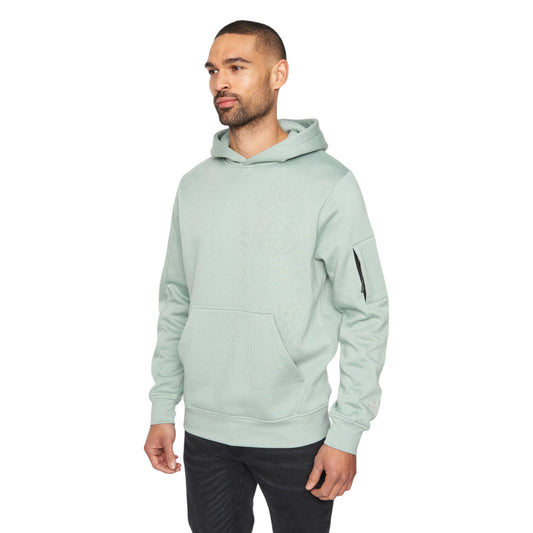 A man wearing a light green casual hoodie with a kangaroo pocket, pullover style, and long sleeves.