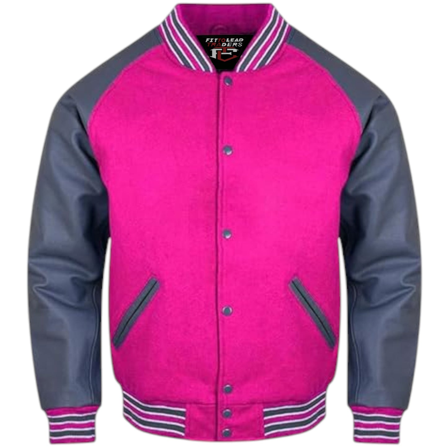 A stylish varsity jacket with a black wool body and grey leather sleeves, featuring a quilted polyester lining, snap buttons, ribbing on the cuffs, collar, and hem, and multiple pockets.