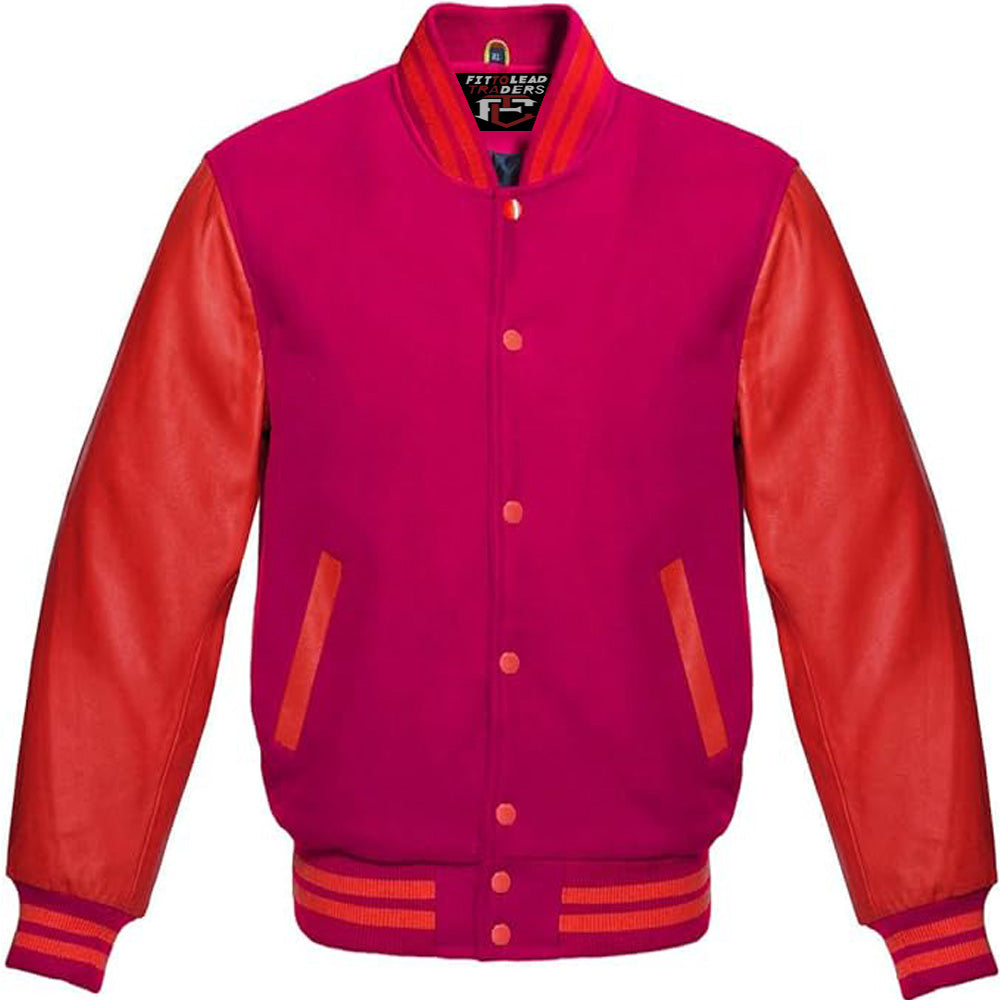 Varsity Jacket Red Leather Sleeves & Wool Body Letterman College Baseball