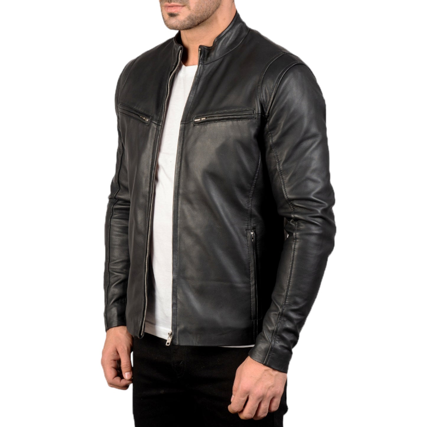 Black leather jacket worn by a person on a white background