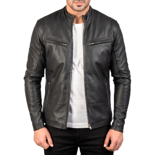 Man wearing a black leather jacket on a white background