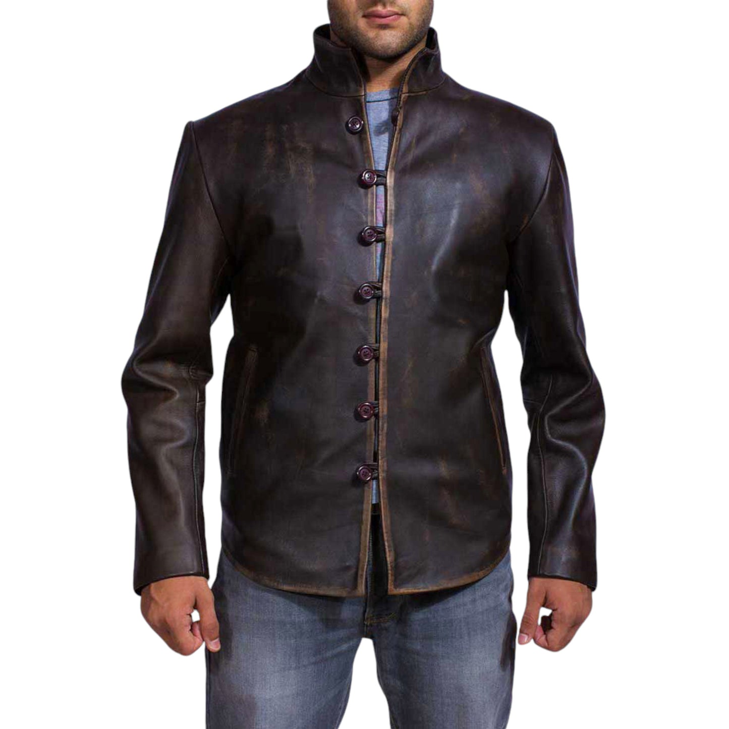 A man wearing a brown leather jacket with a mandarin collar, front zipper closure, and multiple pockets.