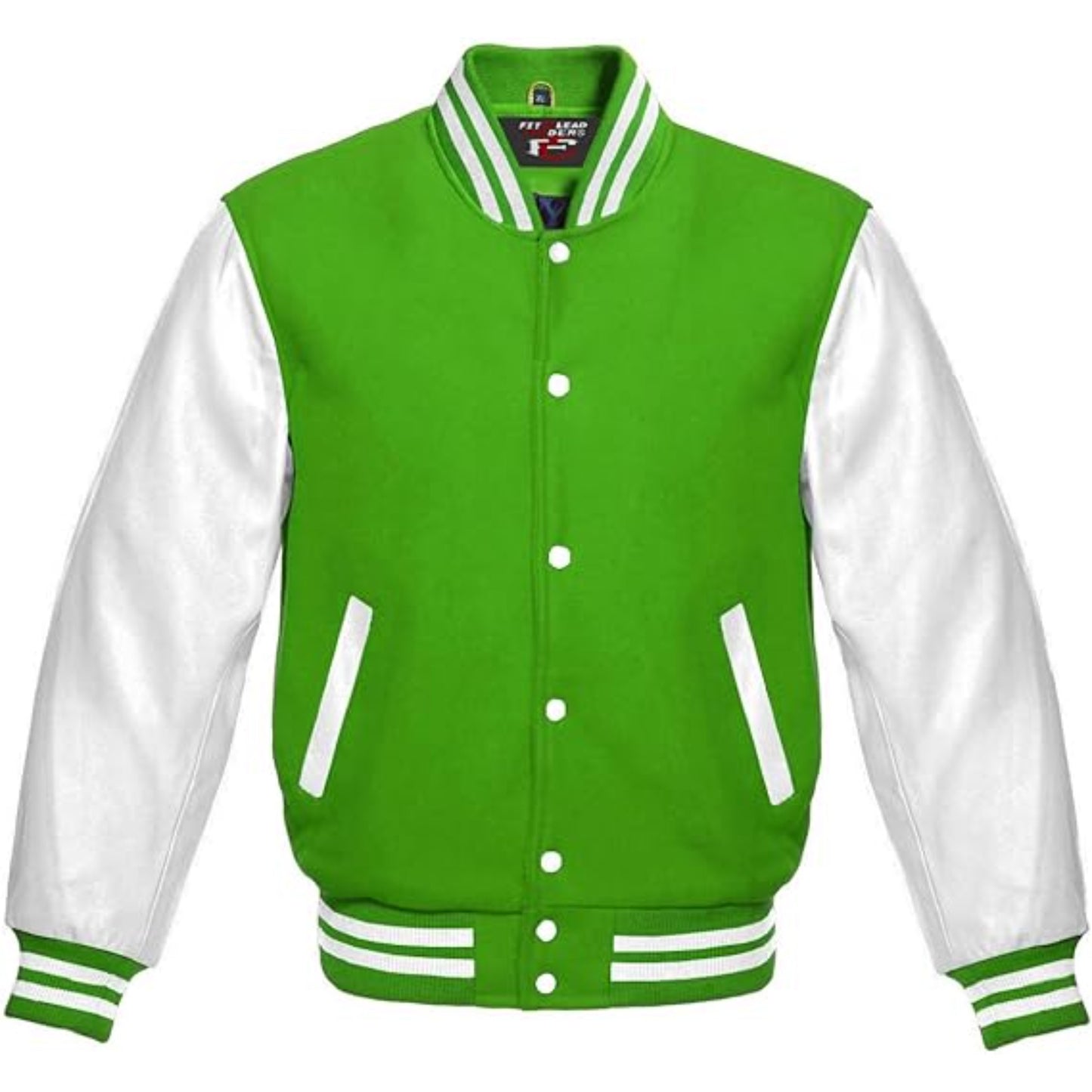Green and white varsity jacket on a white background