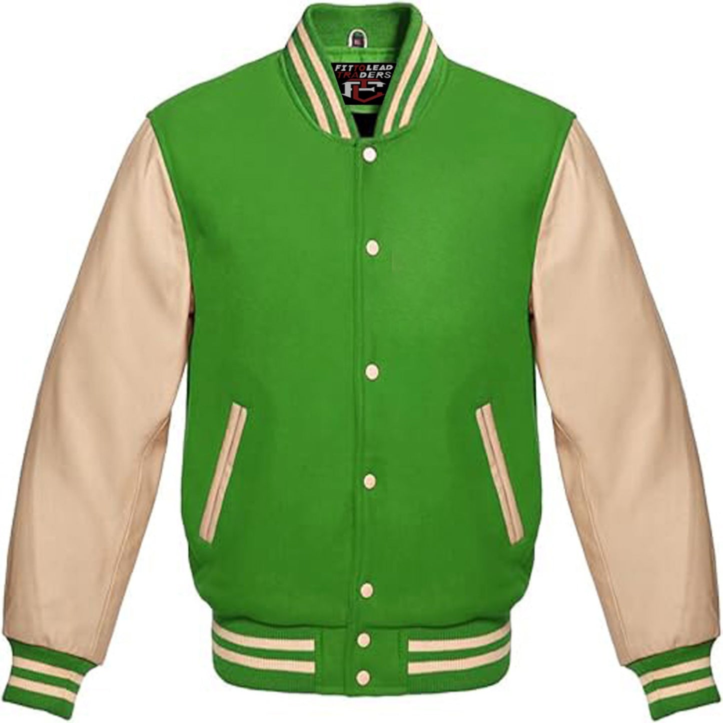 Green and beige varsity jacket on a white background