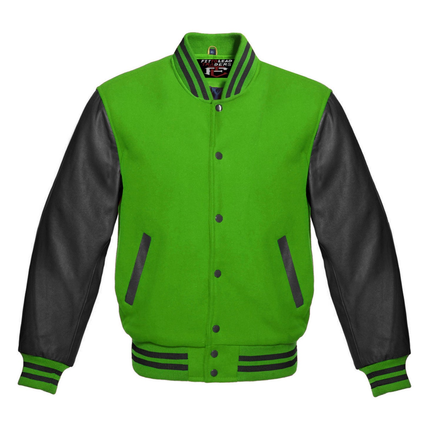 Green and black varsity jacket with leather sleeves on a white background