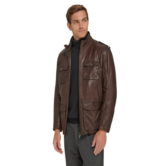Man wearing a brown leather jacket on a white background
