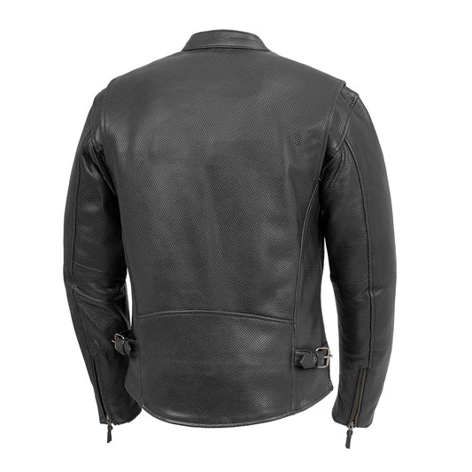 Black leather jacket with textured back on a white background