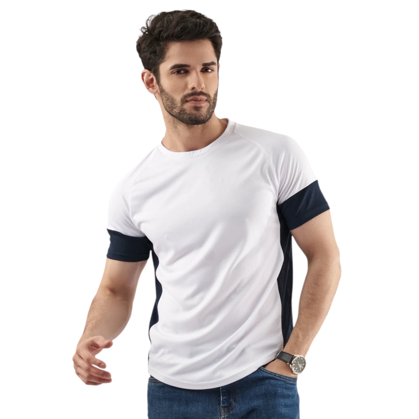 White Performance Contrast Tee for Men – Stylish & Breathable