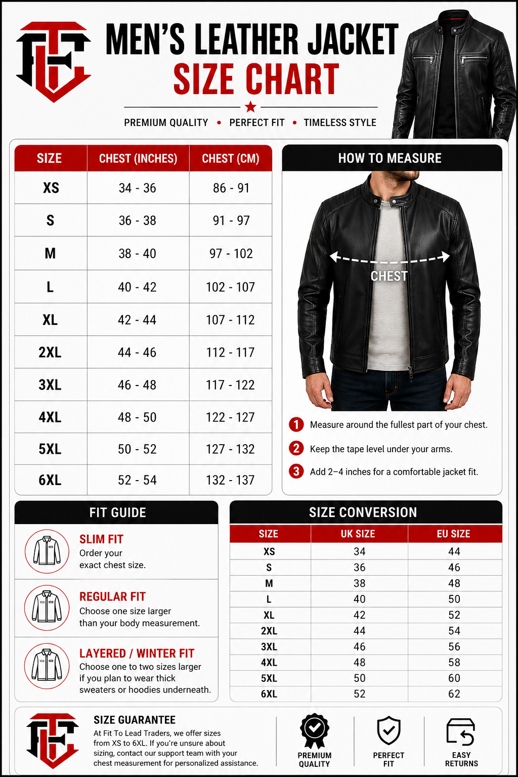 Men's leather jacket size chart with measurement guide and fit information.