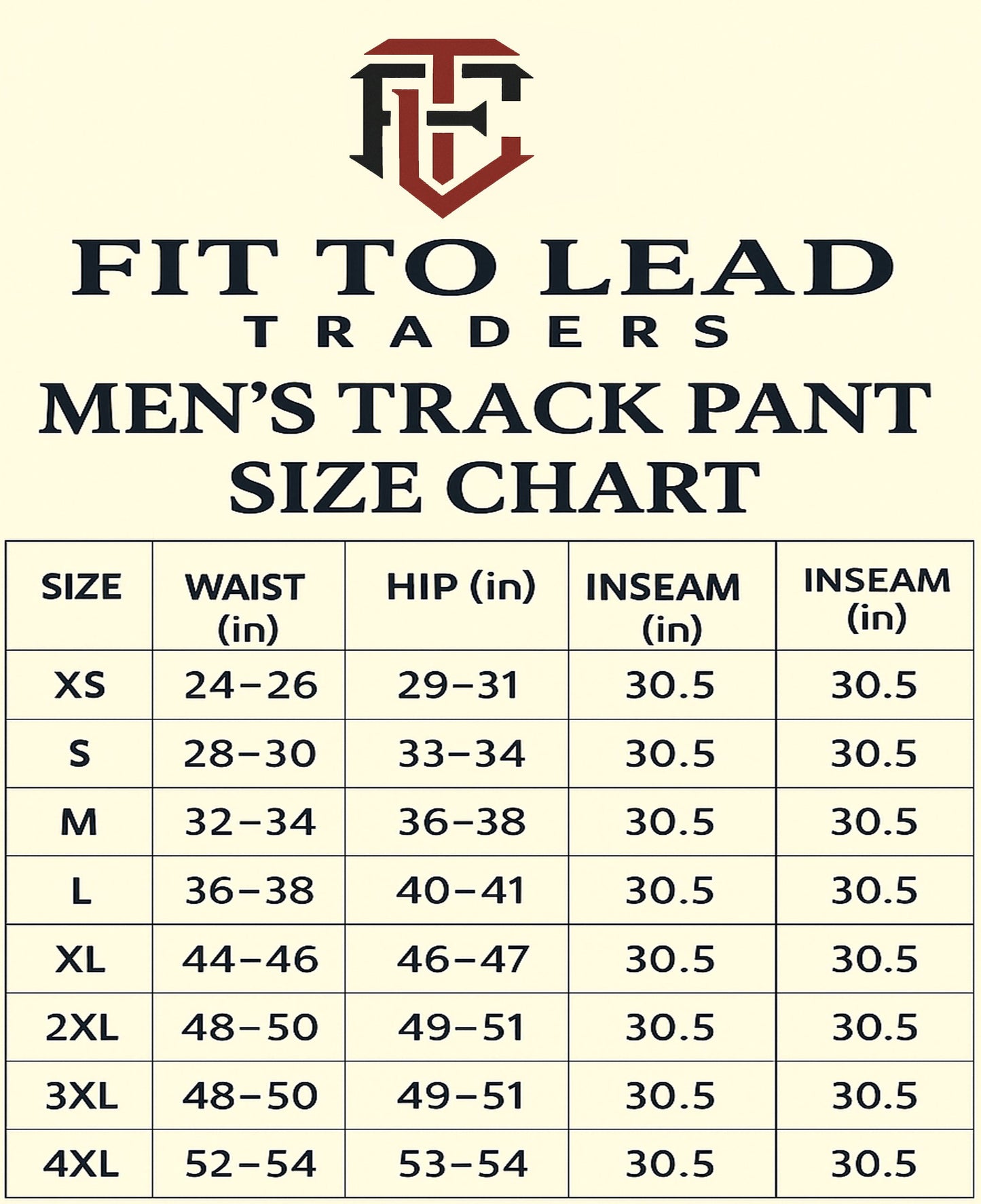 Men's track pant size chart for Fit to Lead Traders on a beige background