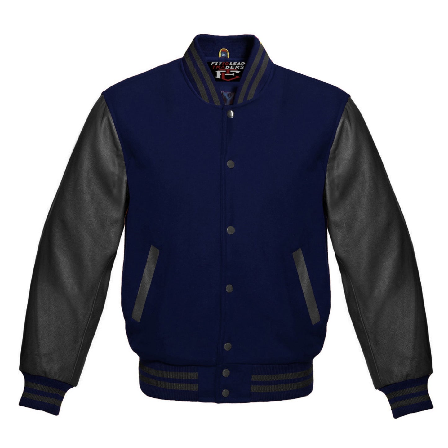 Navy blue varsity jacket with black leather sleeves on a white background