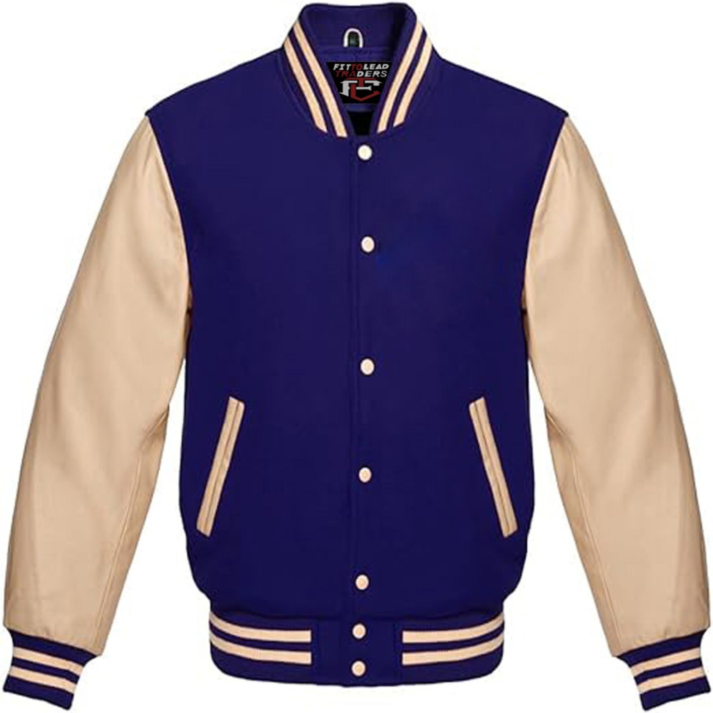 Navy and beige varsity jacket on a white background