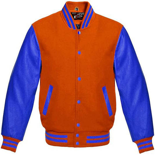 A multicolor varsity style jacket with a black wool body and royal blue leather sleeves, featuring a full front snap button closure and ribbing on cuffs, collar, and hem.