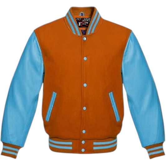 A multicolor wool varsity style jacket with genuine sky blue leather sleeves, featuring a full front snap button closure, ribbing on cuffs, collar, and hem, and multiple pockets.