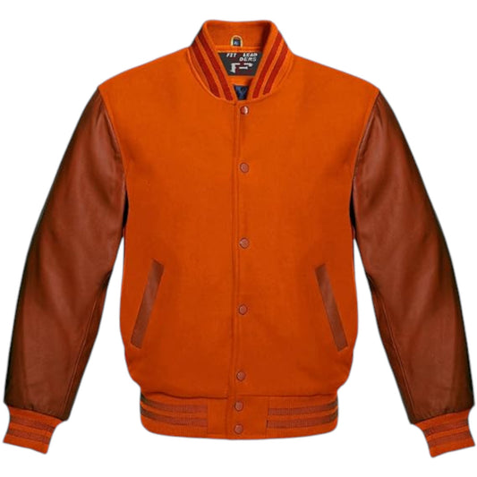 A multicolor varsity jacket with a black wool body and brown leather sleeves, featuring a full front snap button closure, ribbed trim cuffs, collar, and hem, and multiple pockets.