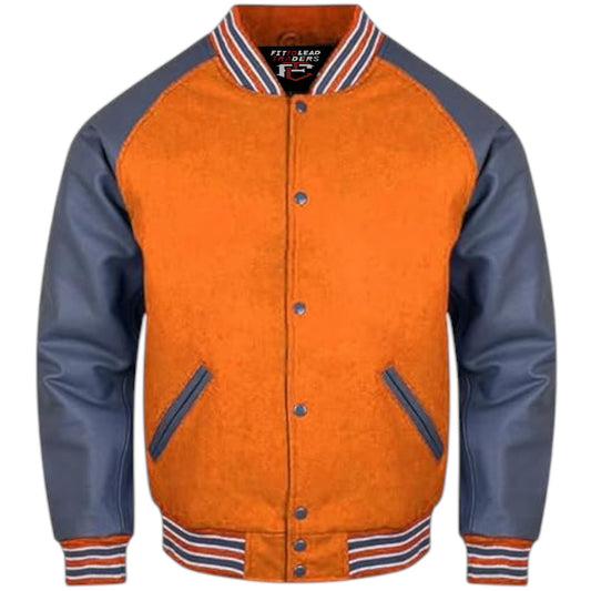 A stylish varsity jacket with a black wool body and grey leather sleeves, featuring a quilted polyester lining, snap buttons, ribbing on the cuffs, collar, and hem, and multiple pockets.
