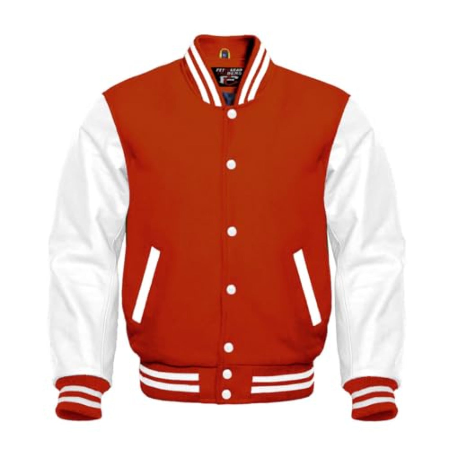Red and white varsity jacket on a white background
