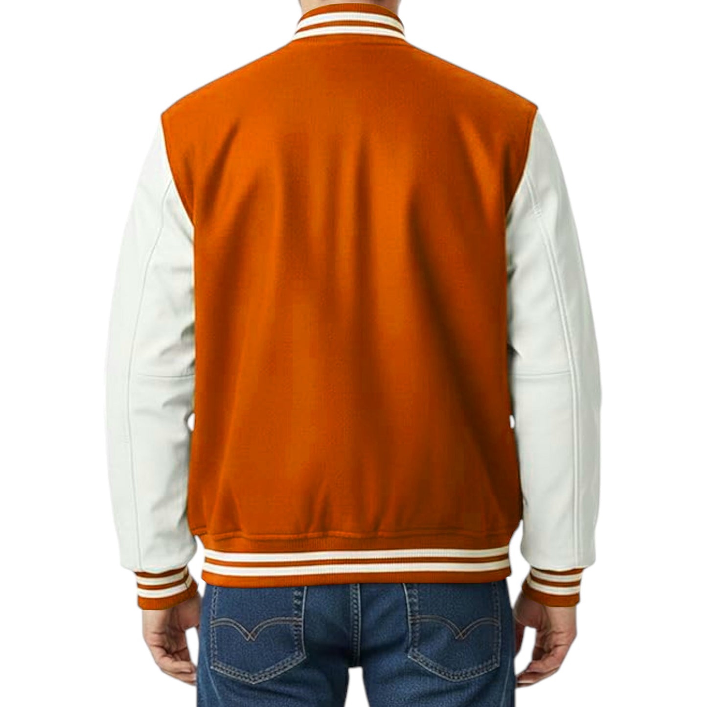 Orange and white varsity jacket worn by a person on a white background