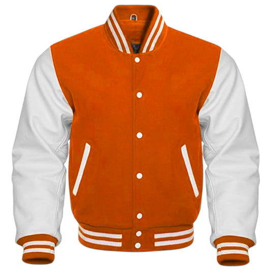 Orange and white varsity jacket on a white background
