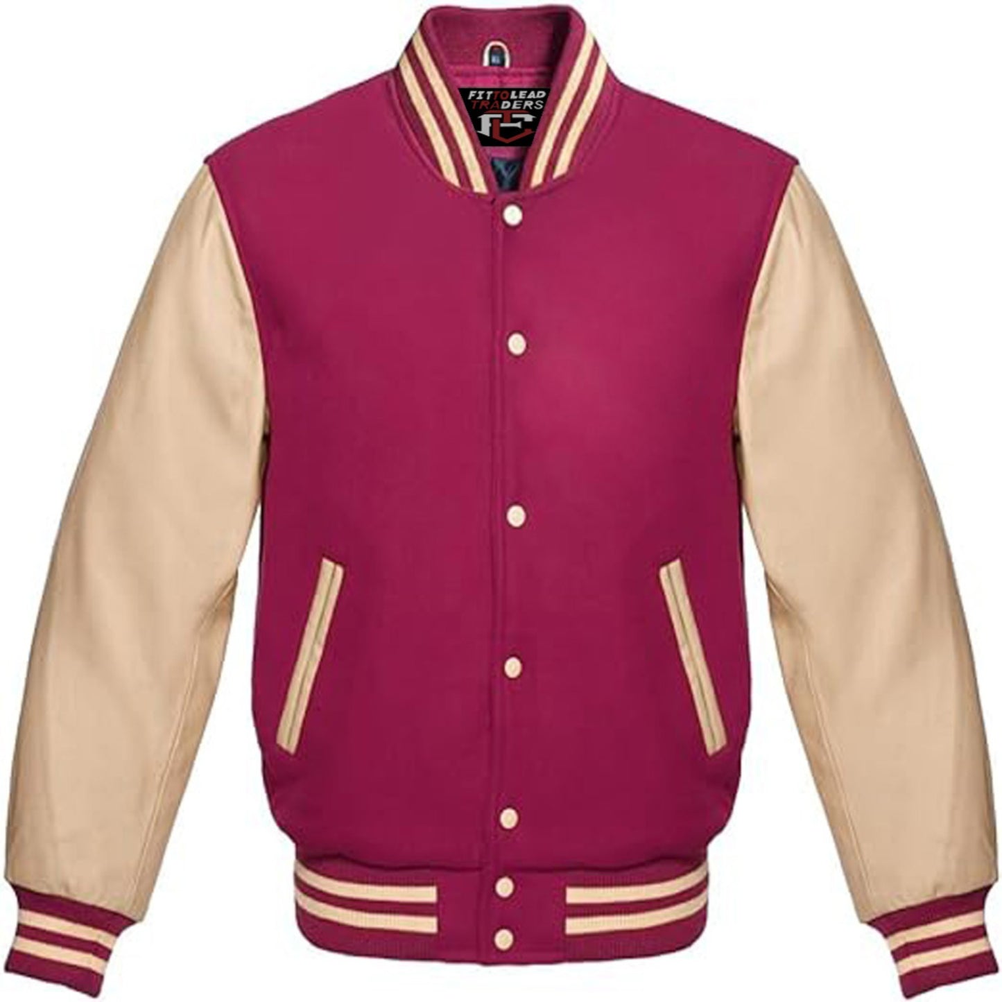 Varsity jacket with maroon body and beige sleeves on a white background