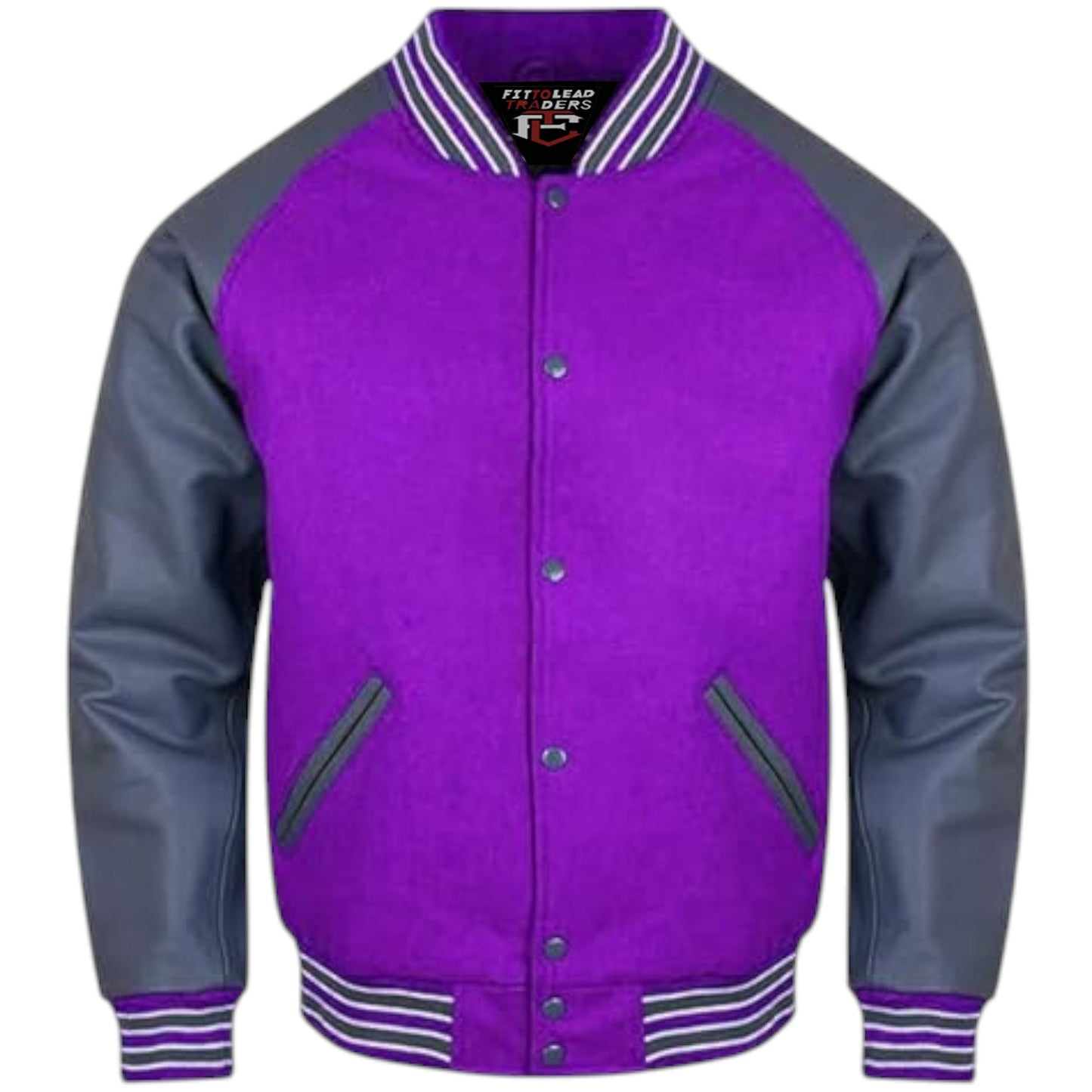 A stylish varsity jacket with a black wool body and grey leather sleeves, featuring a quilted polyester lining, snap buttons, ribbing on the cuffs, collar, and hem, and multiple pockets.