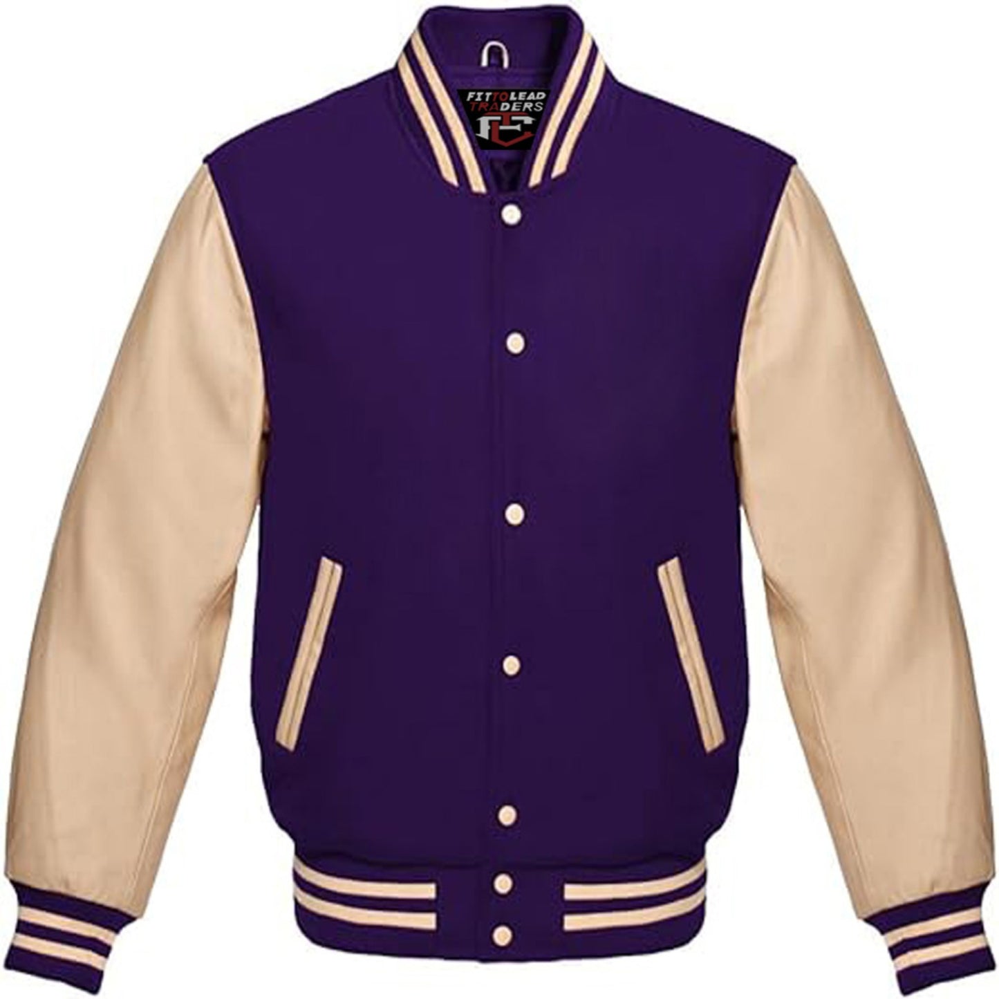 Purple and beige varsity jacket on a white background