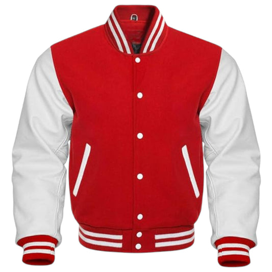 Red and white varsity jacket on a white background