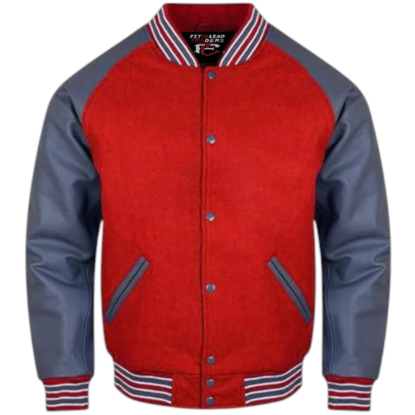 A stylish varsity jacket with a black wool body and grey leather sleeves, featuring a quilted polyester lining, snap buttons, ribbing on the cuffs, collar, and hem, and multiple pockets.