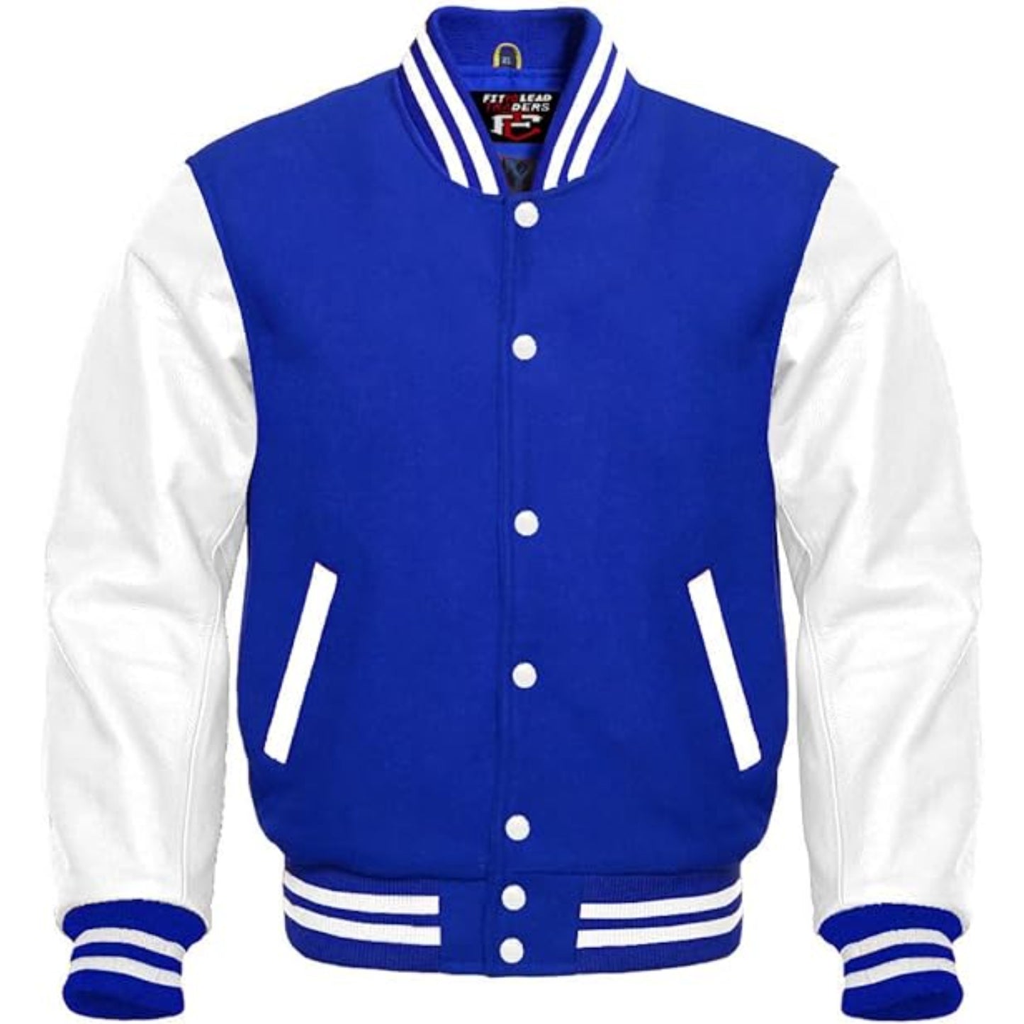 Blue and white varsity jacket on a white background