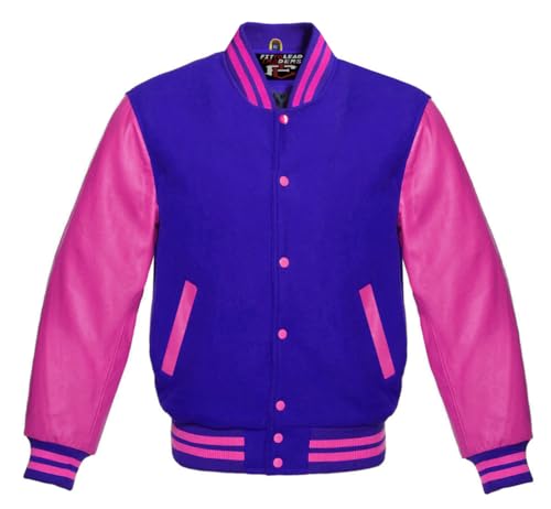 A premium varsity baseball letterman jacket with a wool body and hot pink leather sleeves, featuring a full-snap front closure and ribbed cuffs.