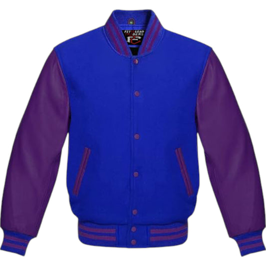 A premium varsity jacket with a black wool body and purple leather sleeves, featuring a classic bomber style with ribbed cuffs and a full-snap front closure.