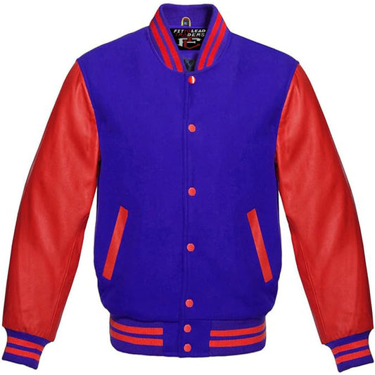 A classic varsity jacket with red leather sleeves and a wool body featuring a full-snap front closure, ribbed cuffs and waistband, and two functional front pockets.