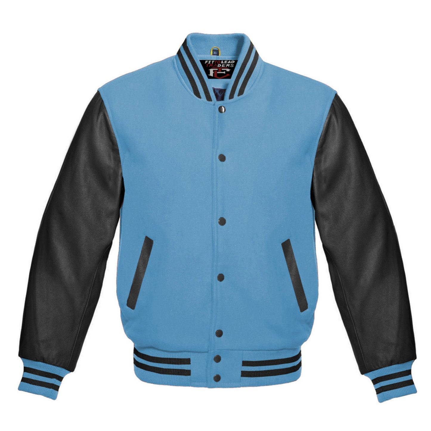 Blue and black varsity jacket on a white background