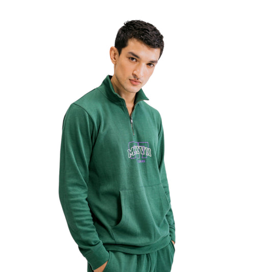 Men's Green Half-Zip Tracksuit with Logo Print