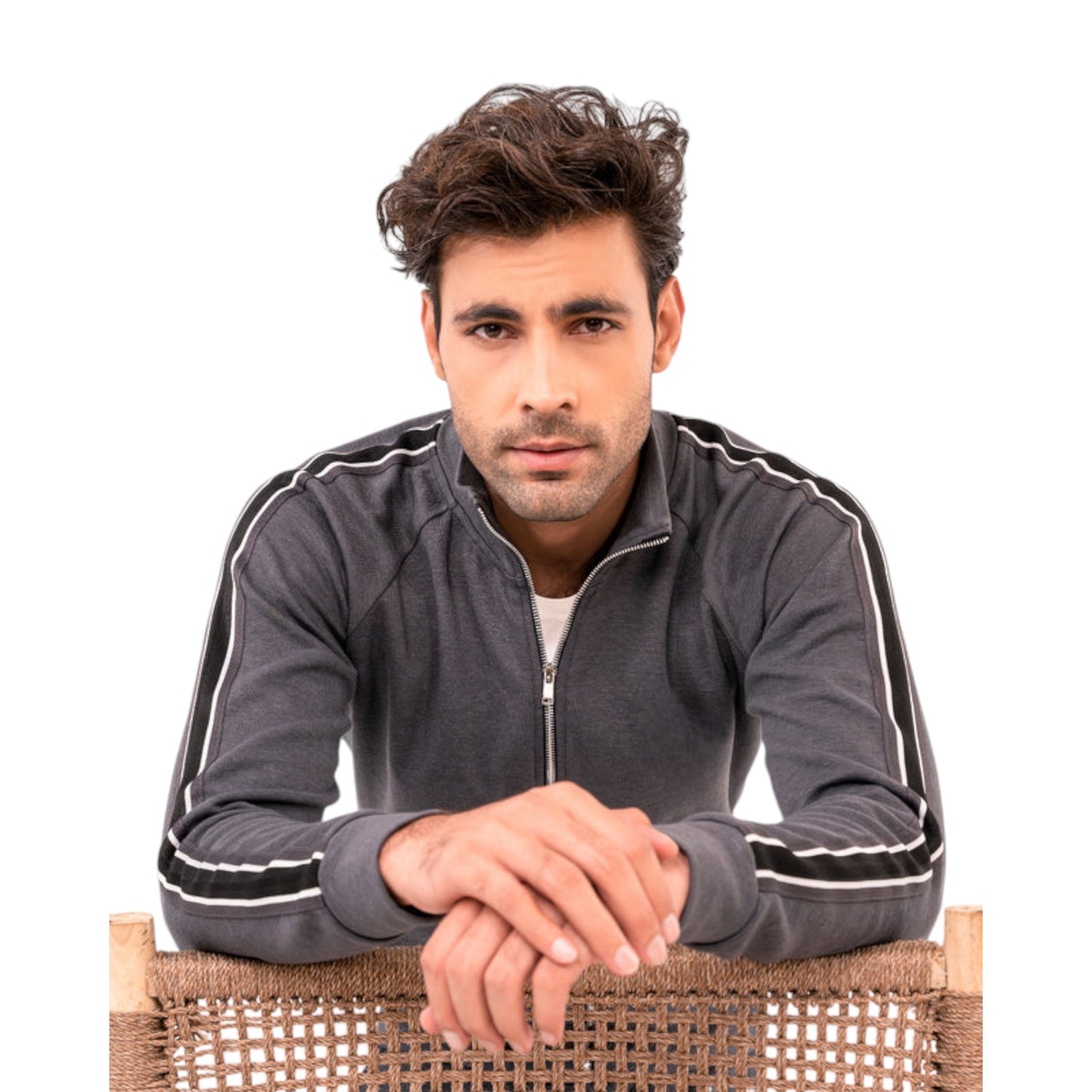 Men’s Modern Grey Tracksuit with Zipper Jacket and Striped Joggers