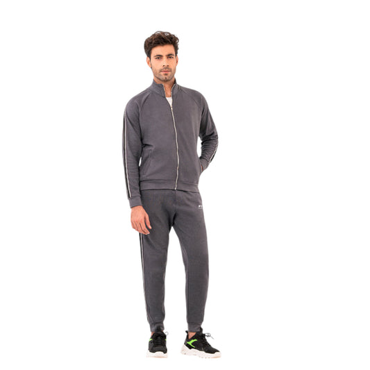 Men’s Modern Grey Tracksuit with Zipper Jacket and Striped Joggers