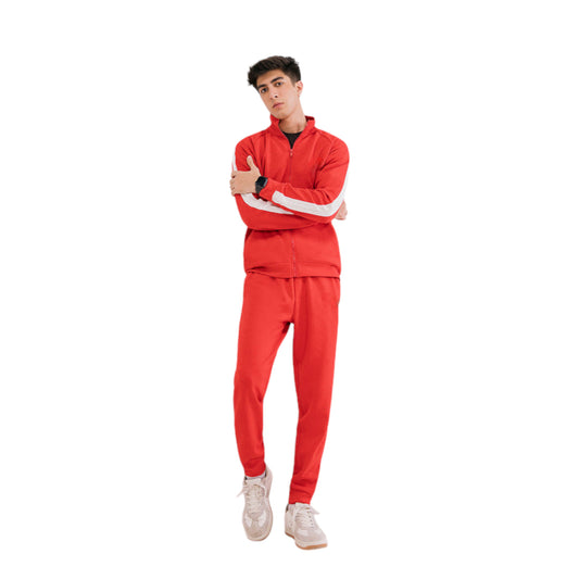 Sporty Men's Full-Zip Red Jacket with Contrast Stripes