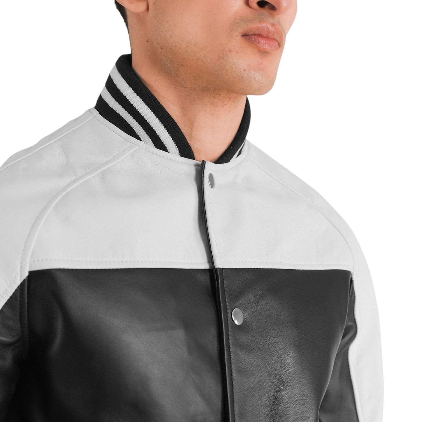 Terrance Varsity Jacket in Black and White Leather