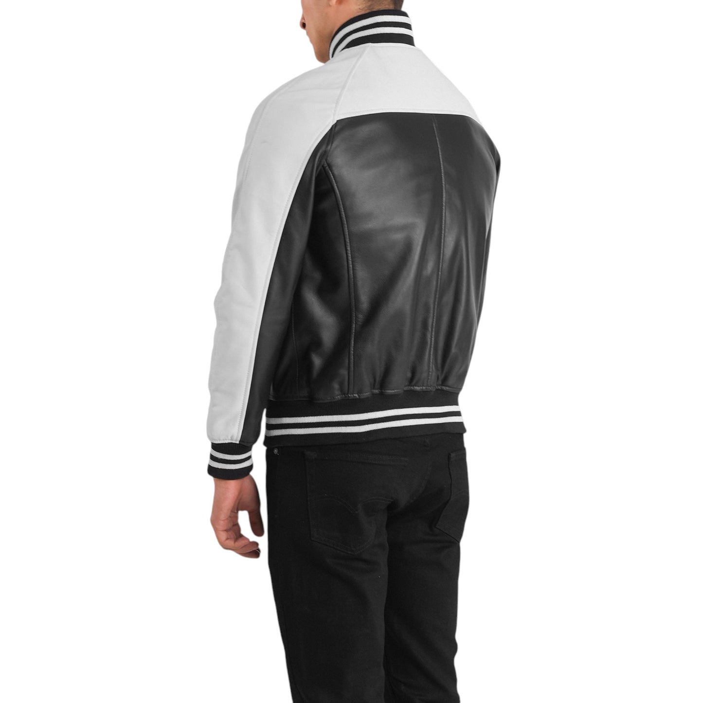 Terrance Varsity Jacket in Black and White Leather