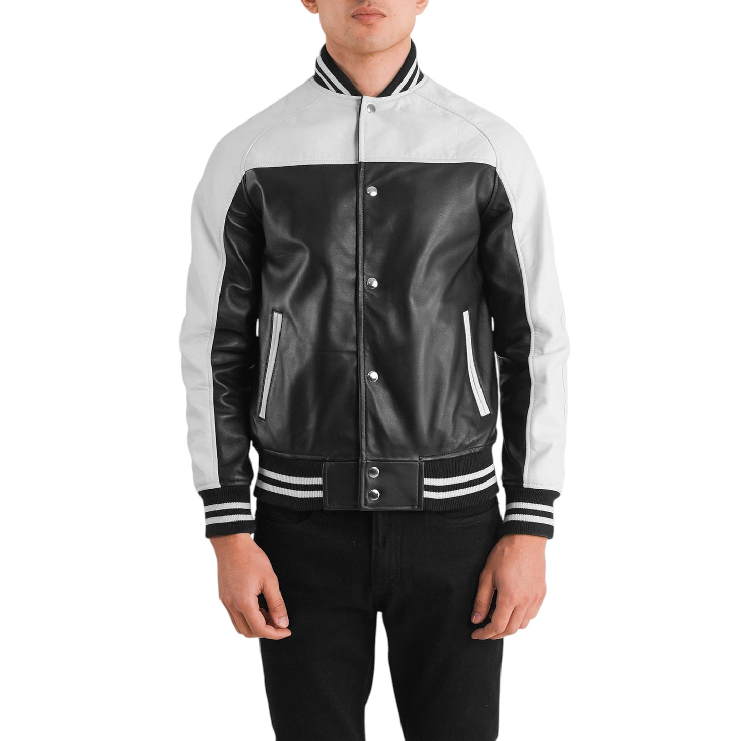 Terrance Varsity Jacket in Black and White Leather