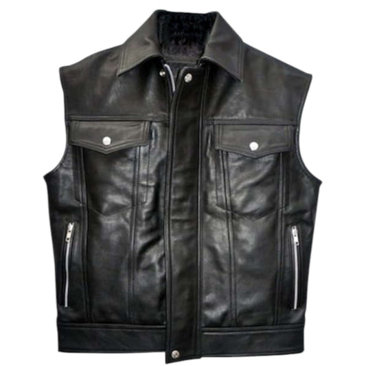 Retro Café Racer Sleeveless Biker Vest Men Genuine Lambskin