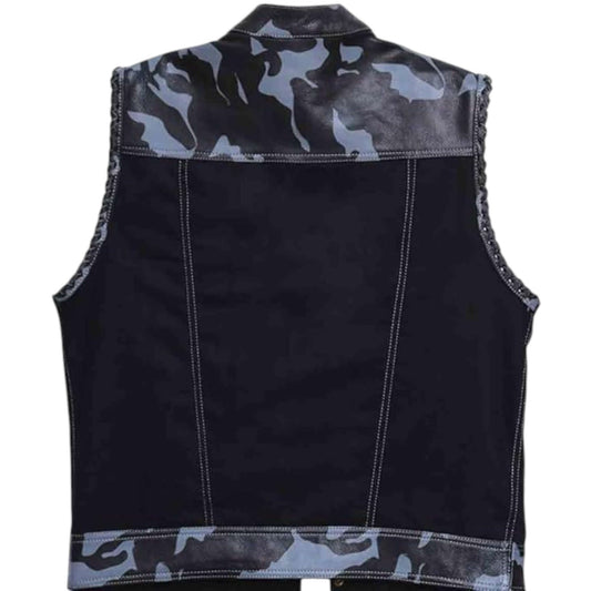 Men Camo Leather & Textile Sleeveless Motorcycle Vest