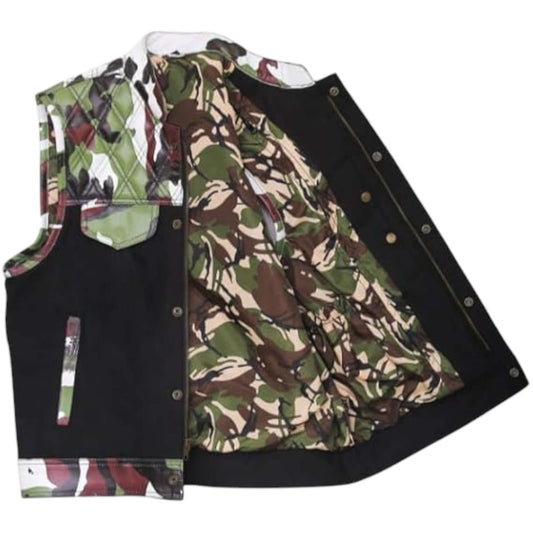 Camouflage Leather & Textile Motorcycle Vest for Men