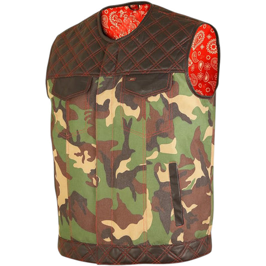 Men's Biker Rider Vest – Genuine Leather & Camouflage Textile Blend