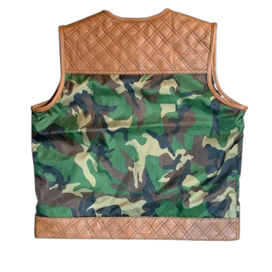 Camo Biker Vest for Men Leather & Textile Mix
