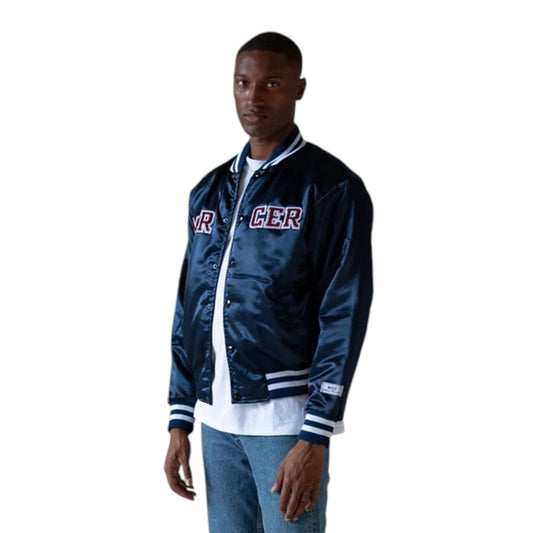 Navy Varsity Jacket with MERCER Embroidery and Striped