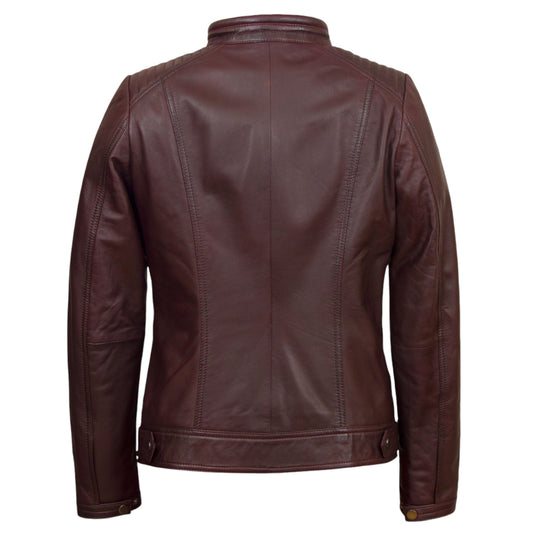 Women's Maroon Leather Jacket - Stylish Moto Biker Design